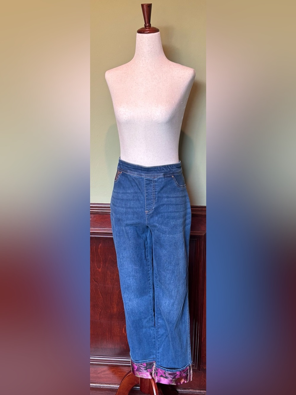 Chico's Straight-Leg Blue Denim Jeans with Purple Hem Detail